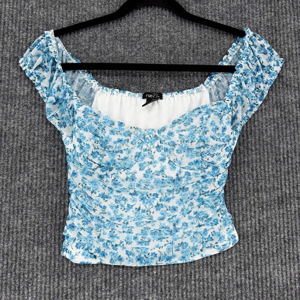 Y2K rue21 women's blue floral mesh crop top size S coquette fairy cottagecore